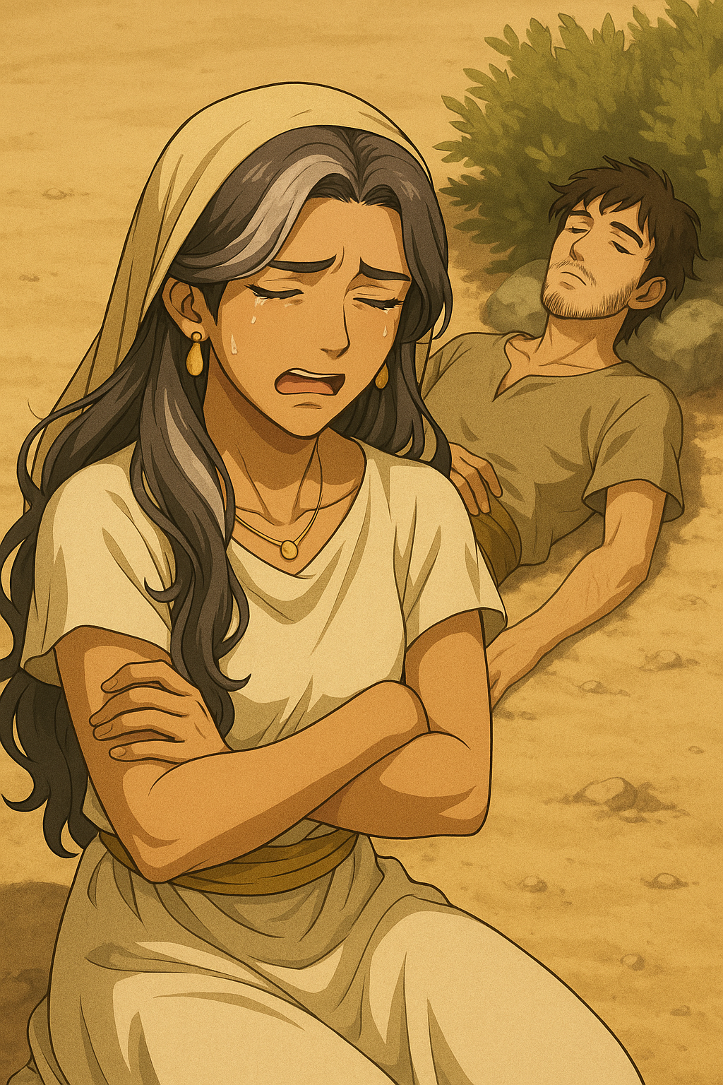 Hagar is sad that Ishmael is dying after Abraham had kicked them out of the house