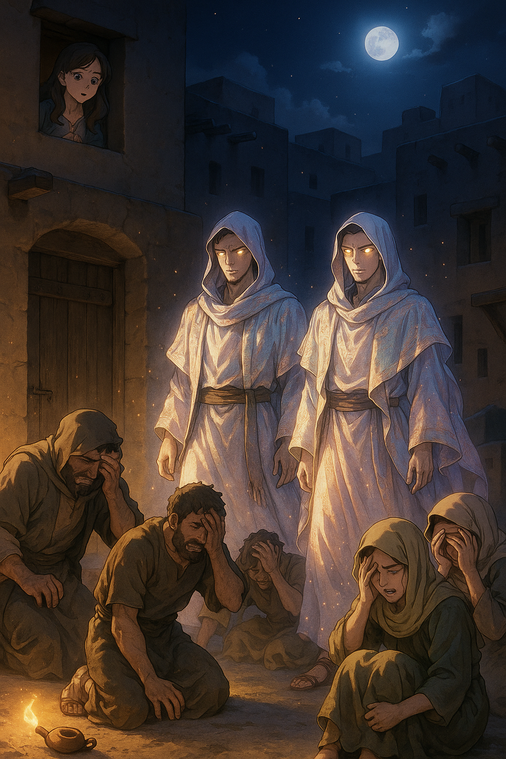 Angels blind the men of Sodom and Gomorrah for trying to attack them.